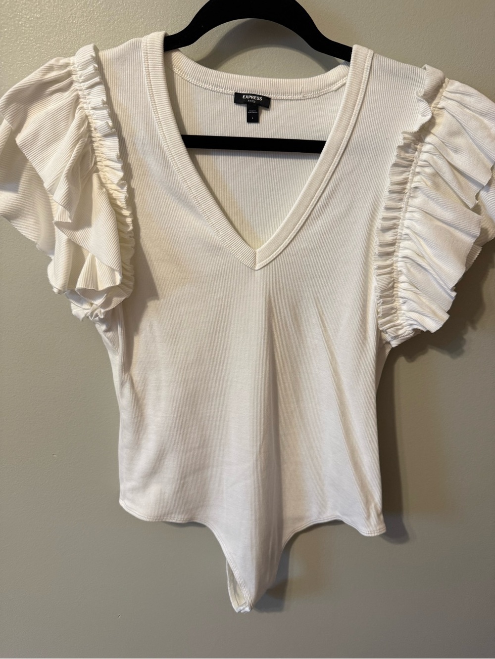 Express White V-Neck Ruffle Sleeve Bodysuit